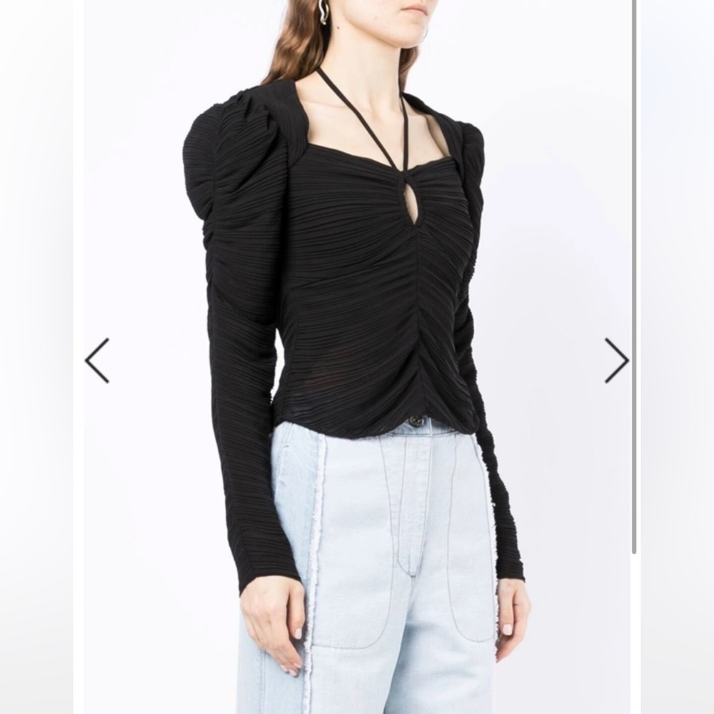 Frame Gathered Ruched Keyhole Tie Neck Puff Long Sleeve Top - Picture 5 of 15